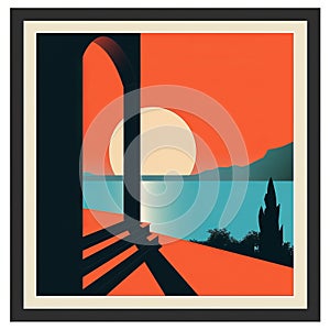 an art print of the sun setting over the water