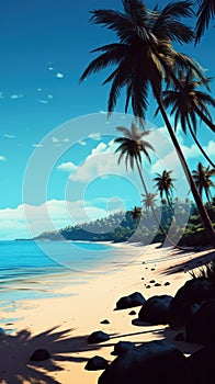 Tropical Beach With Coconut Trees In Hiroshi Nagai Style photo