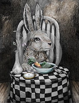 Art rabbit at table eating peas and carrots