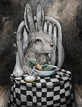 Art rabbit at table eating peas and carrots photo