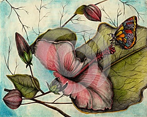 Art Realistic Buttterfly and flowers.