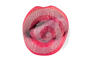 Art red lips. Tongue and sexy female lips. Macro tongue lick lips. Close up of woman mouth.