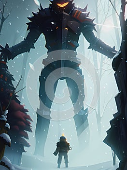 robot monster in snow forest , Ai Generated