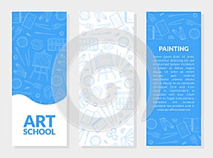 Art School Banner Templates Set with Place for Text and Artistic Materials Hand Drawn Seamless Pattern Vector