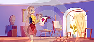 Art school cartoon banner. Artist girl at easel