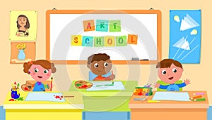 Art school classroom and kids vector illustration