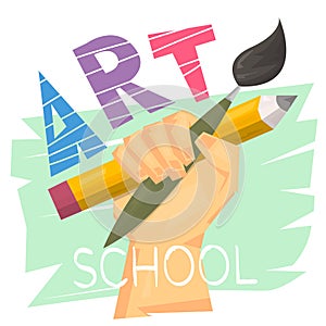 Art school concept. Hand holding big pencil and brush. Ready logo or banner for art lesson. Modern art. Vector illustration