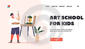 Art School for Kids Landing Page Template. Child Artist Stand with Palette and Bush front of Easel Painting Portrait