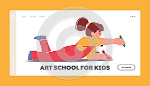 Art School for Kids Landing Page Template. Little Baby Girl Drawing with Wax Pencils. Kids Painting on Floor Child Paint