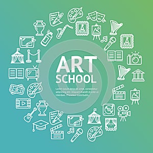 Art School Round Design Template Line Icon Concept. Vector