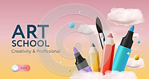 Art school template with pencils and clouds