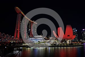 Art Science Museum, Helix Bridge and Marina Bay Sands are red in the night