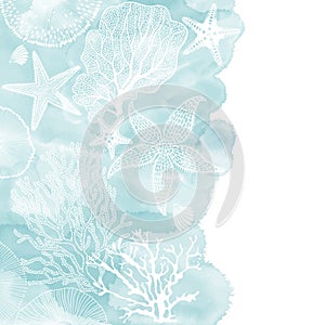 Art sea background vector. Luxury design with underwater plants,starfish and  watercolor splash. Template design for text,