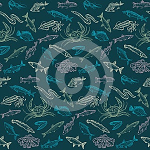 Art seamless graphic green pattern with fish, sketch style hand drawn illustration suitable for textile