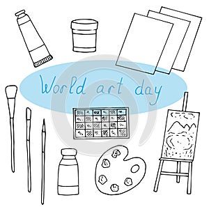 Art set of artist`s supplies vector illustration, hand drawing doodles