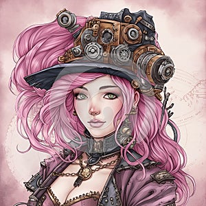 art set of steampunk pink steampunk girl, watercolor clip art , white background, created with artificial intelligence,