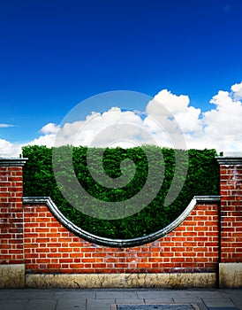 Art shrubs and brick fence background photo