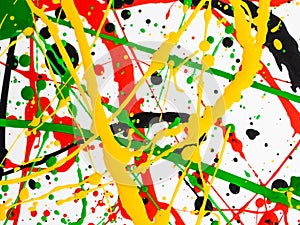 Art splashed spilled yellow green red black paint. expressionism