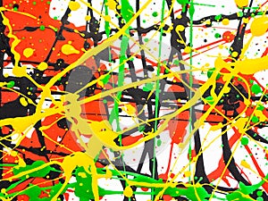 Art splashed spilled yellow green red black paint. expressionism