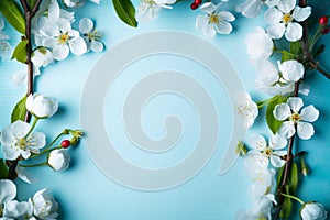 Art Spring flower border on blue background white spring blossom border Spring Floral Frame with copy space Generative AI.