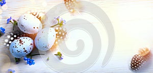 Art spring flowers and Easter eggs and bird feather on sunny wooden background; Holiday Easter banner or greeting card background