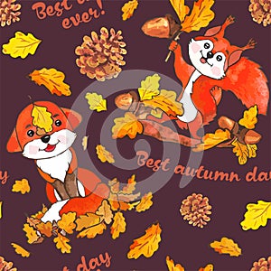 Art. Squirrel and fox in the autumn forest. Beautiful cartoon animal autumn pattern