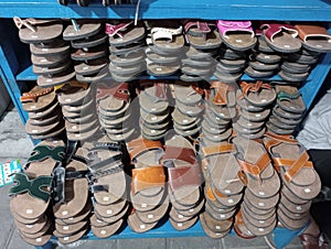 The art of stacking sandals in Malioboro Jogja city Indonesia