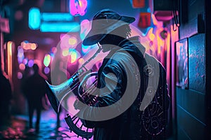 Art Street musician plays music on the french horn in the evening street with neon lights background