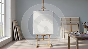 Studio features a wooden easel with a blank canvas centered in the