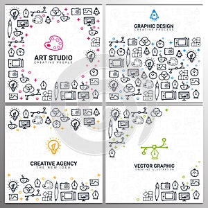 Art Studio, Graphic Design, Creative Agency and Vector Graphic. Set of Backgrounds with doodle design elements.