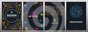 Art Studio, Graphic Design, Creative Agency and Vector Graphic. Set of Backgrounds with doodle design elements.