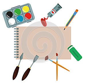 art studio hand drawn art tools and supplies set. Palette paintbrush pensil oil paint watercolor note paper