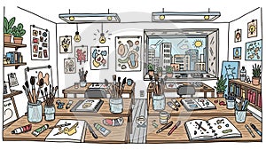 Art Studio Illustration Creative Workspace, Painting, Drawing
