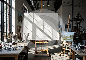 Art Studio Interior Blank Canvas, Easels, Paint Supplies, and Natural Light
