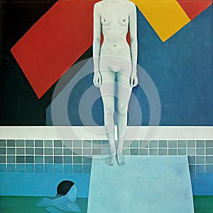 Art in the style of Suprematism. A woman in a swimming pool.