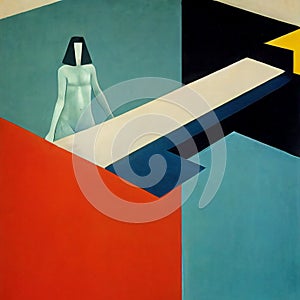 Art in the style of Suprematism. A woman in a swimming pool.