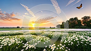 Summer nature background with blooming white flowers and fly butterfly against sunrise sunlight