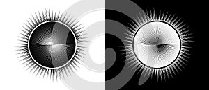 Art sun background. Tattoo template or logo with lines. Design element or icon. Black shape on a white background and the same