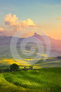 Art sunset over Italy countryside landscape. farmland field