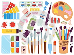 Art supplies collection. Painter brush, palette and craft equipment. Pen for creative drawing, artistic tools and photo