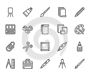 Art supplies flat line icons set. Oil paints, watercolor, drawing paper, sketchbook, pallette, stationery vector