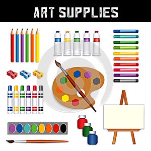 Art Supplies: paints, easel, watercolors, brushes, palette photo
