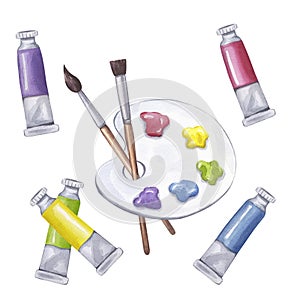 Art supplies set colored paint palette paintbrushes tubes cuvettes tempera gouache acrylic oil. Hand drawn watercolor