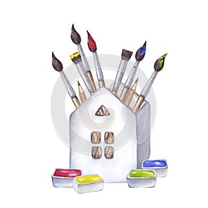 Art supplies set colored paint palette paintbrushes in white ceramic house cuvettes tempera gouache acrylic oil. Hand