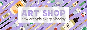 Art supplies shop banner design. Craft store ad background with painting accessories, tools. Creative market promotion