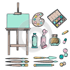 Art supplies,  sketch illustration. Drawing, painting, calligraphy design elements. Craft and stationery stuff