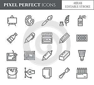 Art supplies theme pixel perfect thin line icons. Set of elements of paintbrush, graphic tablet, canvas, palette, paints and other