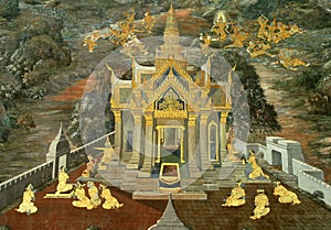 Art thai painting on wall in temple
