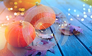 Art thanksgiving holiday party background, autumn pumpkin and holidays light decoration