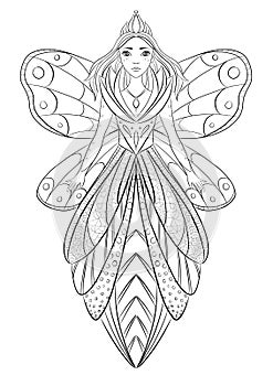 Art therapy coloring page illustration of a flower fairy queen